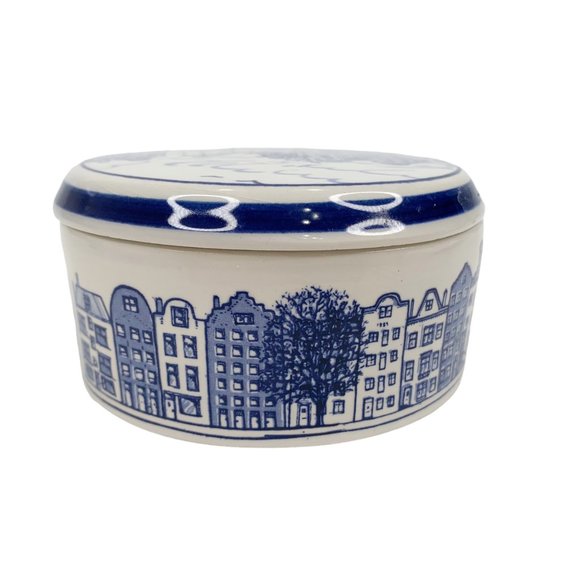 *SOLD* Delft Blauw Blue Trinket Dish Box Jar w Lid Hand Painted Holland Houses - Picture 3 of 12